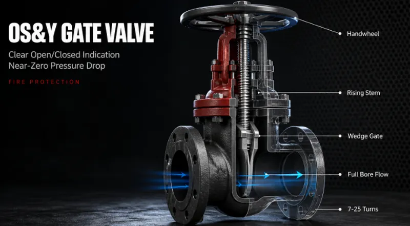 OS&Y gate valve cutaway view for fire protection, rising stem full bore flow near‑zero pressure dr